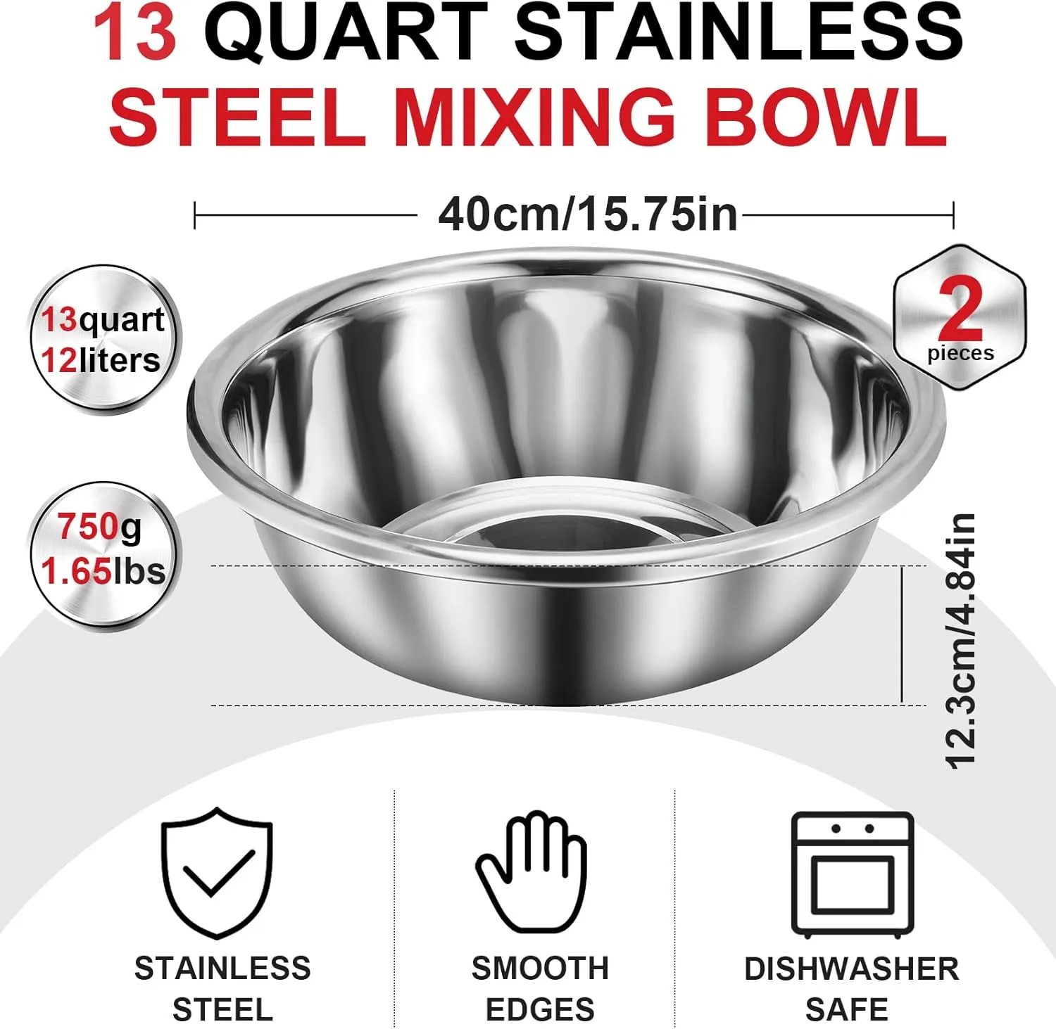 2 Pack Large Mixing Bowl Oversized All Purpose 304 Stainless Steel Polished Mirror Flat Base Metal Bowl for Home or Commercial Prepping Baking Mixing Marinating(13 Qt)