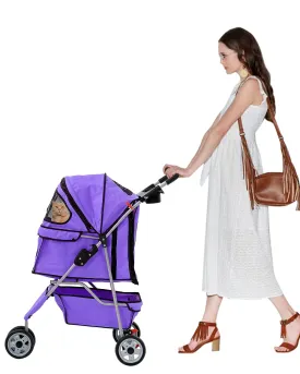 3 Wheels Pet Stroller for Dogs/Cats, Cat Dog Cage Stroller, Travel Folding Carrier with Removable Liner & Storage Basket & Cup Holder, for Small-Medium Dog, Cat - Purple