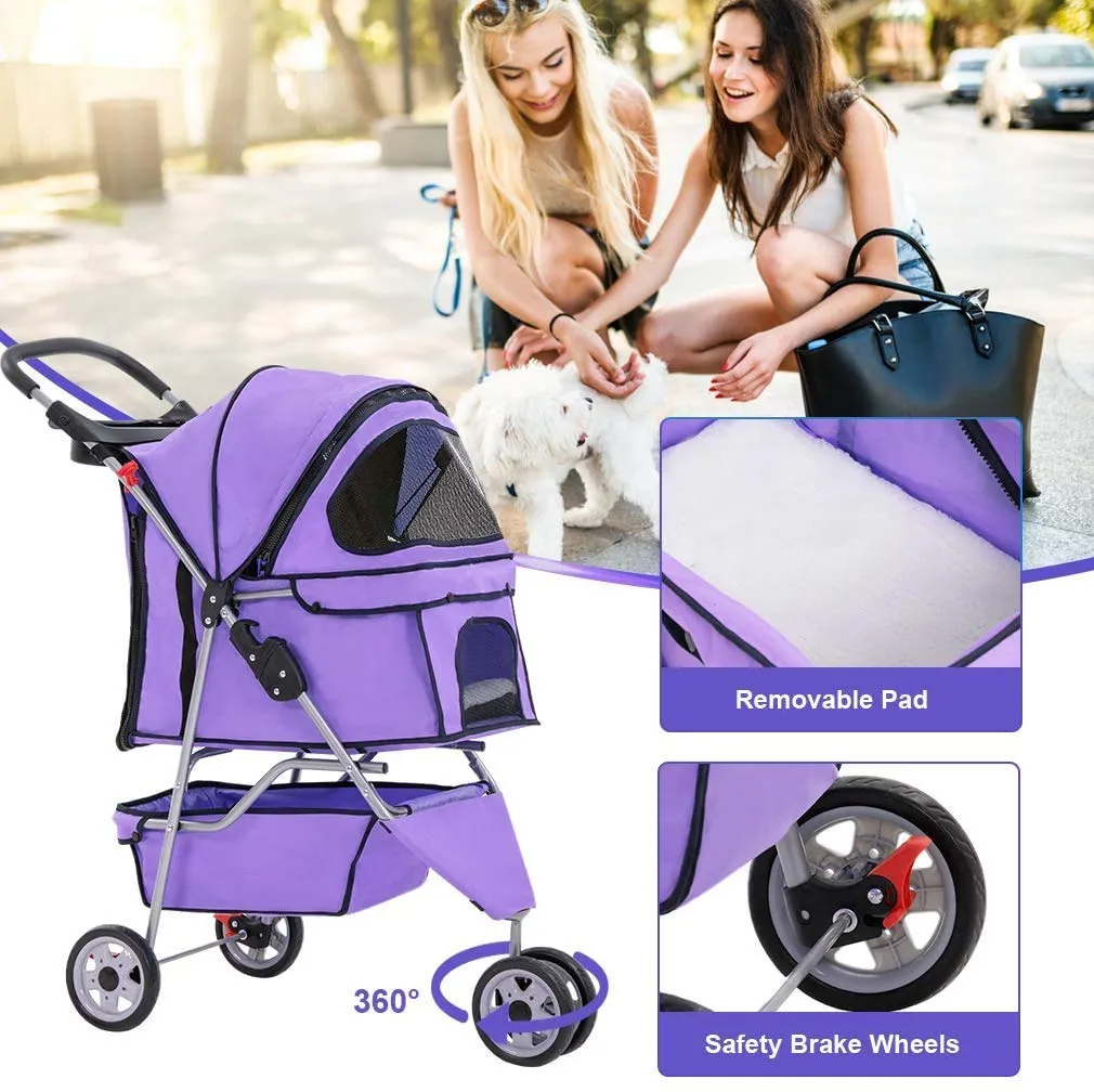 3 Wheels Pet Stroller for Dogs/Cats, Cat Dog Cage Stroller, Travel Folding Carrier with Removable Liner & Storage Basket & Cup Holder, for Small-Medium Dog, Cat - Purple