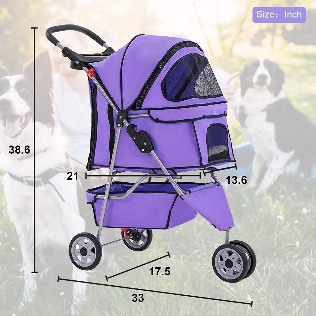 3 Wheels Pet Stroller for Dogs/Cats, Cat Dog Cage Stroller, Travel Folding Carrier with Removable Liner & Storage Basket & Cup Holder, for Small-Medium Dog, Cat - Purple