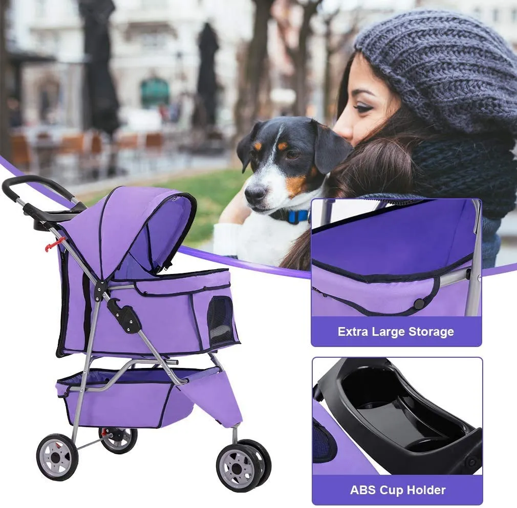 3 Wheels Pet Stroller for Dogs/Cats, Cat Dog Cage Stroller, Travel Folding Carrier with Removable Liner & Storage Basket & Cup Holder, for Small-Medium Dog, Cat - Purple