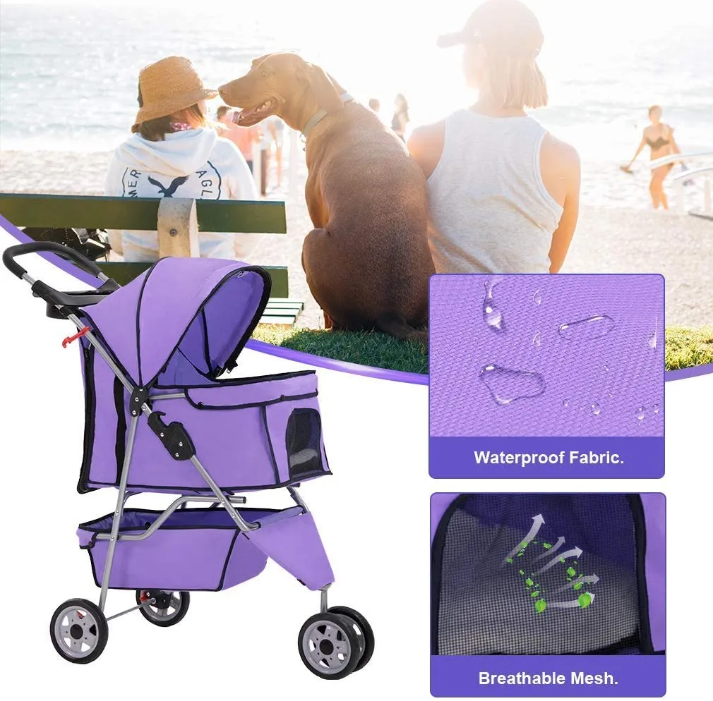 3 Wheels Pet Stroller for Dogs/Cats, Cat Dog Cage Stroller, Travel Folding Carrier with Removable Liner & Storage Basket & Cup Holder, for Small-Medium Dog, Cat - Purple
