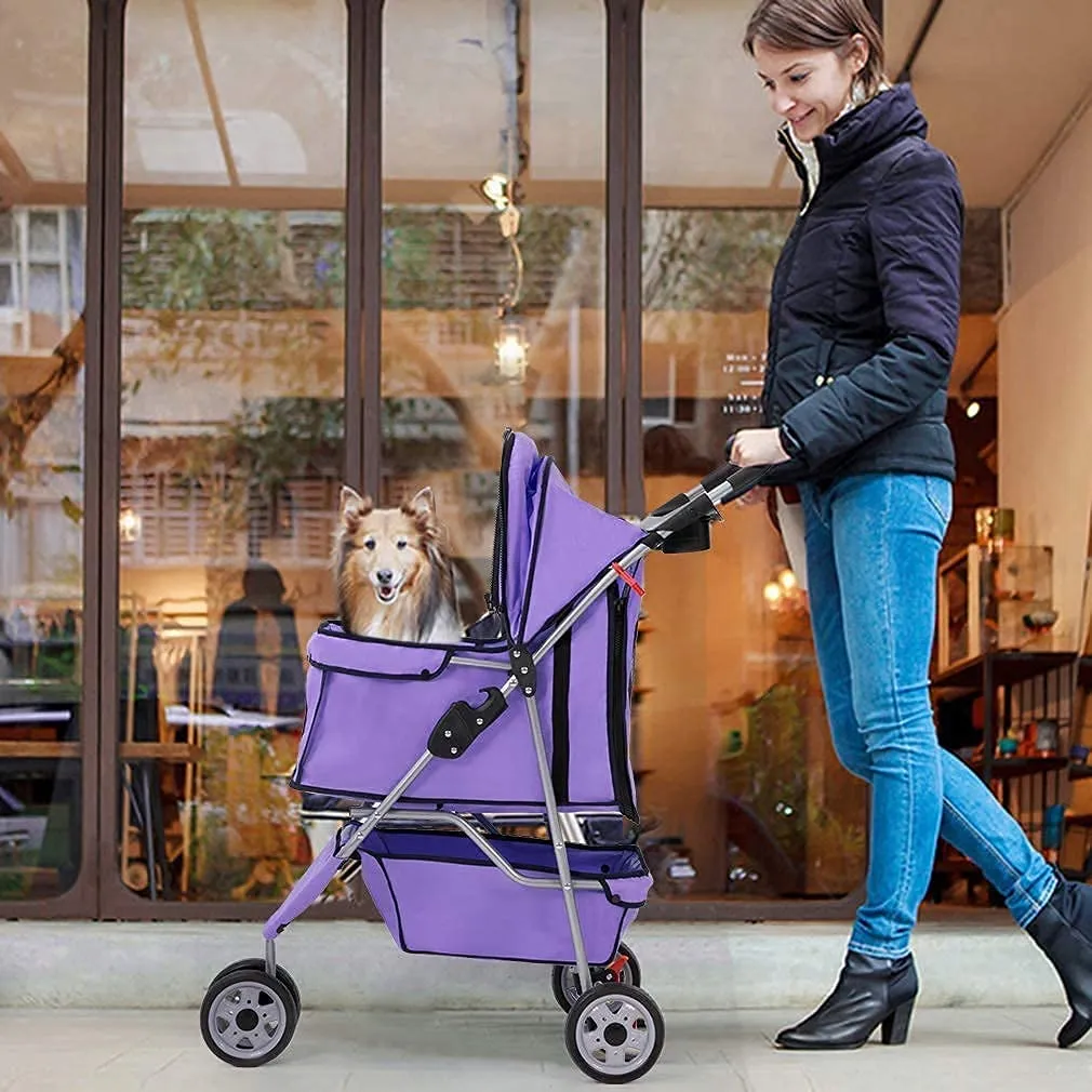 3 Wheels Pet Stroller for Dogs/Cats, Cat Dog Cage Stroller, Travel Folding Carrier with Removable Liner & Storage Basket & Cup Holder, for Small-Medium Dog, Cat - Purple