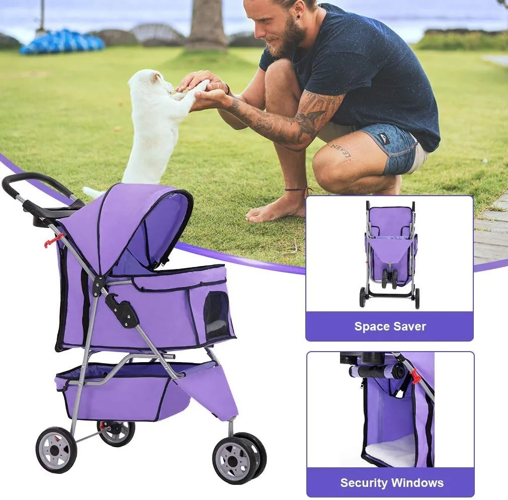 3 Wheels Pet Stroller for Dogs/Cats, Cat Dog Cage Stroller, Travel Folding Carrier with Removable Liner & Storage Basket & Cup Holder, for Small-Medium Dog, Cat - Purple
