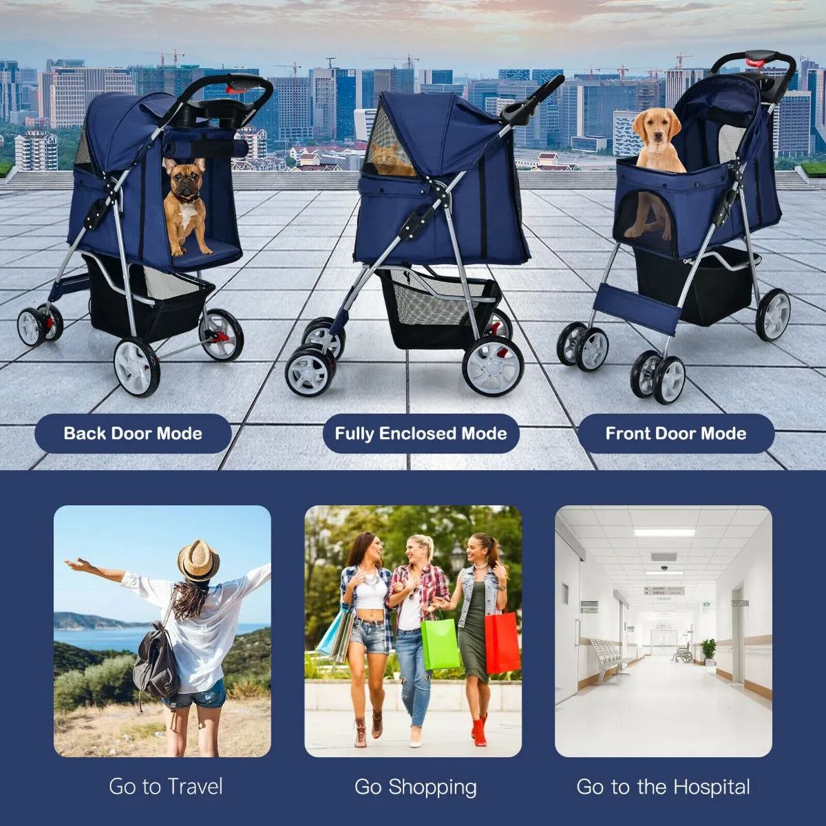 4-Wheel Folding Pet Stroller with Storage Basket and Adjustable Canopy-Navy