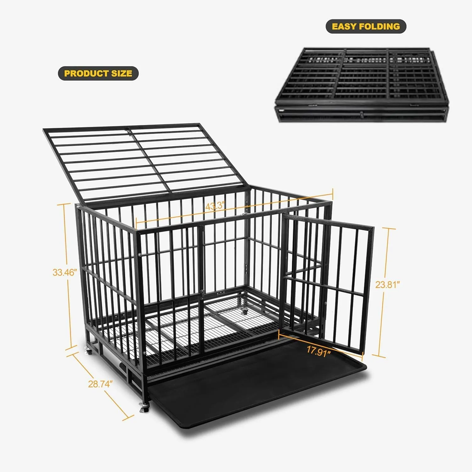 42 Inch Heavy Duty Dog Crate, Escape Proof Double Door Crate for Large Dogs, Sturdy Dog Kennel for High Anxiety Dogs with Wheels Lockable, Removable Tray