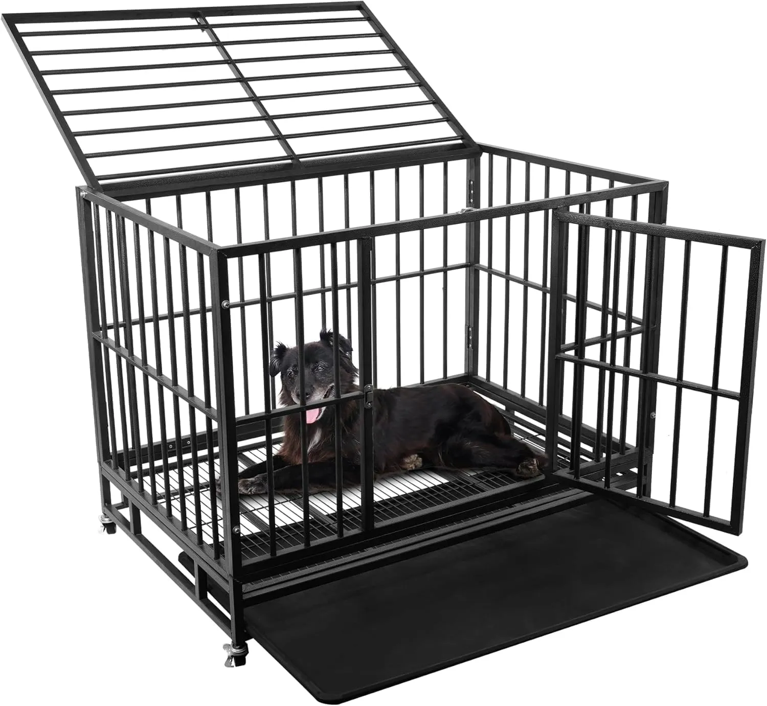42 Inch Heavy Duty Dog Crate, Escape Proof Double Door Crate for Large Dogs, Sturdy Dog Kennel for High Anxiety Dogs with Wheels Lockable, Removable Tray