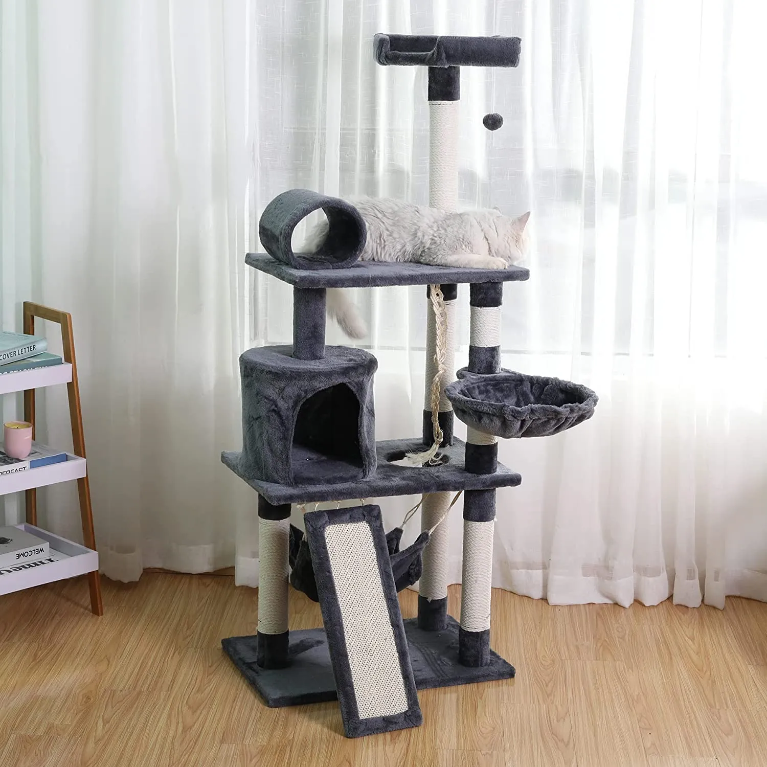 57” Cat Tree Tower for Indoor Cats Stand House Furniture, Multi-fun Kittens Activity Cat Condo with Hammock Cat Scratcher Plush Perch for Play Rest