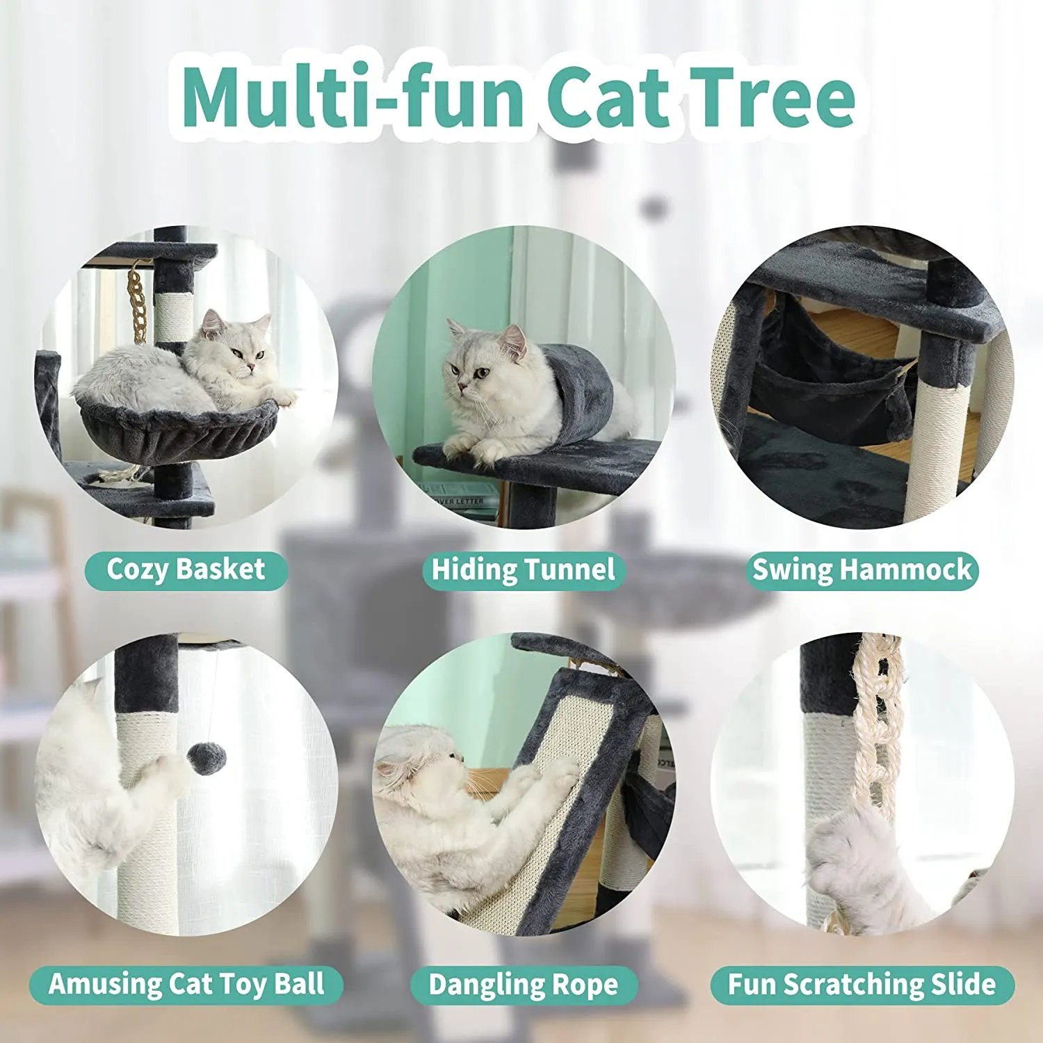 57” Cat Tree Tower for Indoor Cats Stand House Furniture, Multi-fun Kittens Activity Cat Condo with Hammock Cat Scratcher Plush Perch for Play Rest