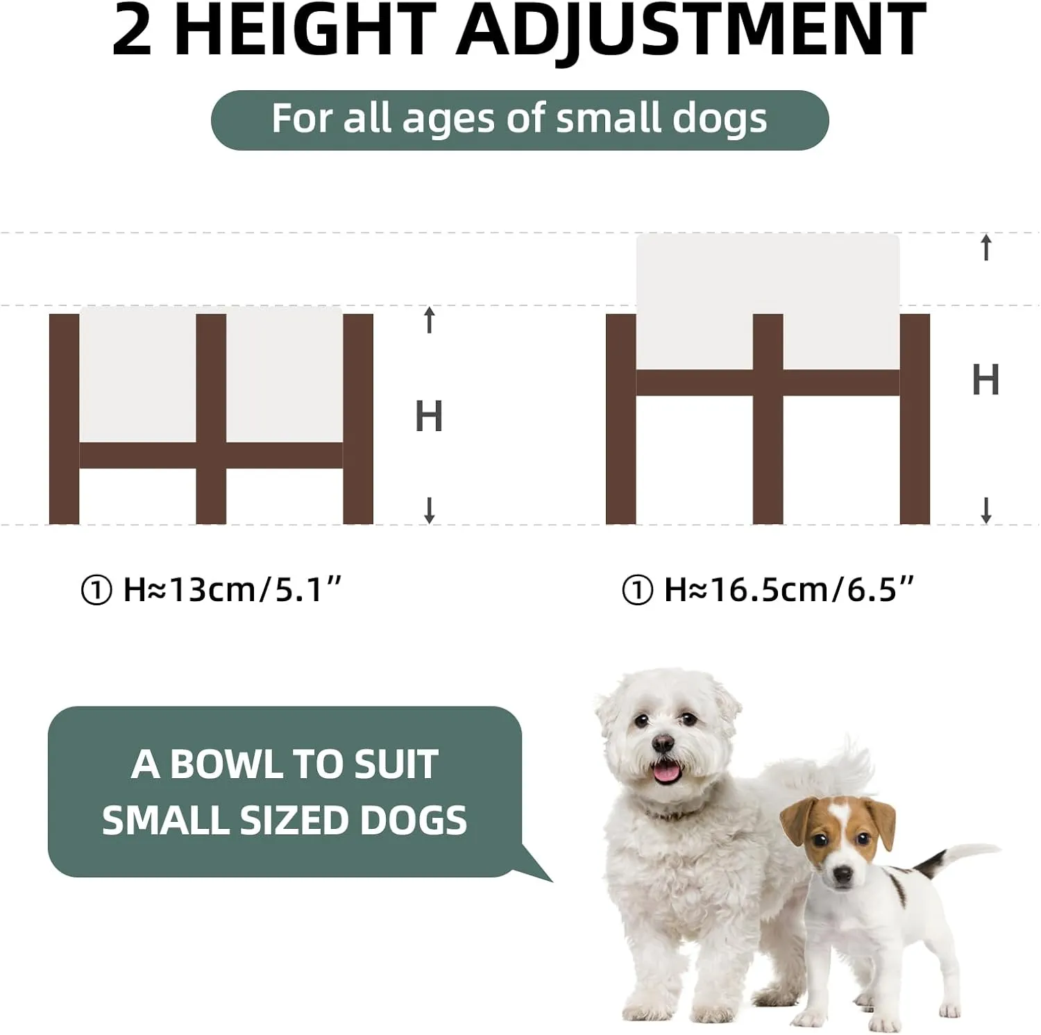 6.1inch Ceramic Raised Double Bowls Set with Acacia Wood Stand, 2 Heights Elevated, Food & Water Bowls for Small Breed Dogs, Weighted Dog Dishes, Pet Bowl(27oz, Arctic White)
