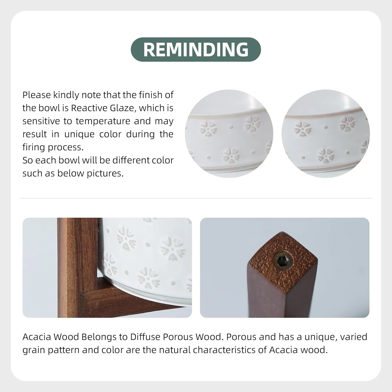6.1inch Ceramic Raised Double Bowls Set with Acacia Wood Stand, 2 Heights Elevated, Food & Water Bowls for Small Breed Dogs, Weighted Dog Dishes, Pet Bowl(27oz, Arctic White)