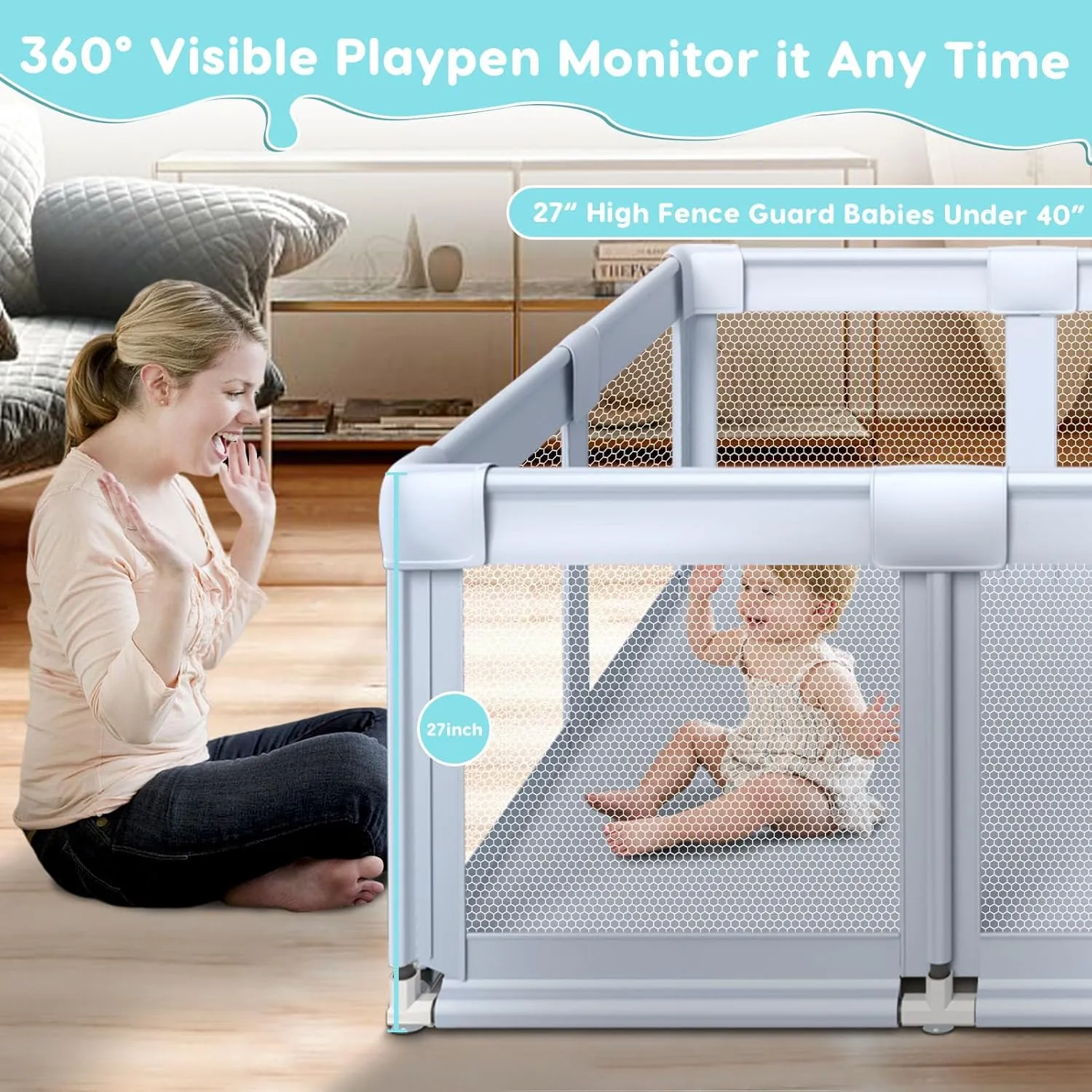 74" 50" Large Baby Playpen, Baby Playard for Babies and Toddlers, Baby Fence Play Pens for Indoor & Outdoor, Sturdy Safety Play Yard with Soft Breathable Mesh, Anti-Fall, Grey