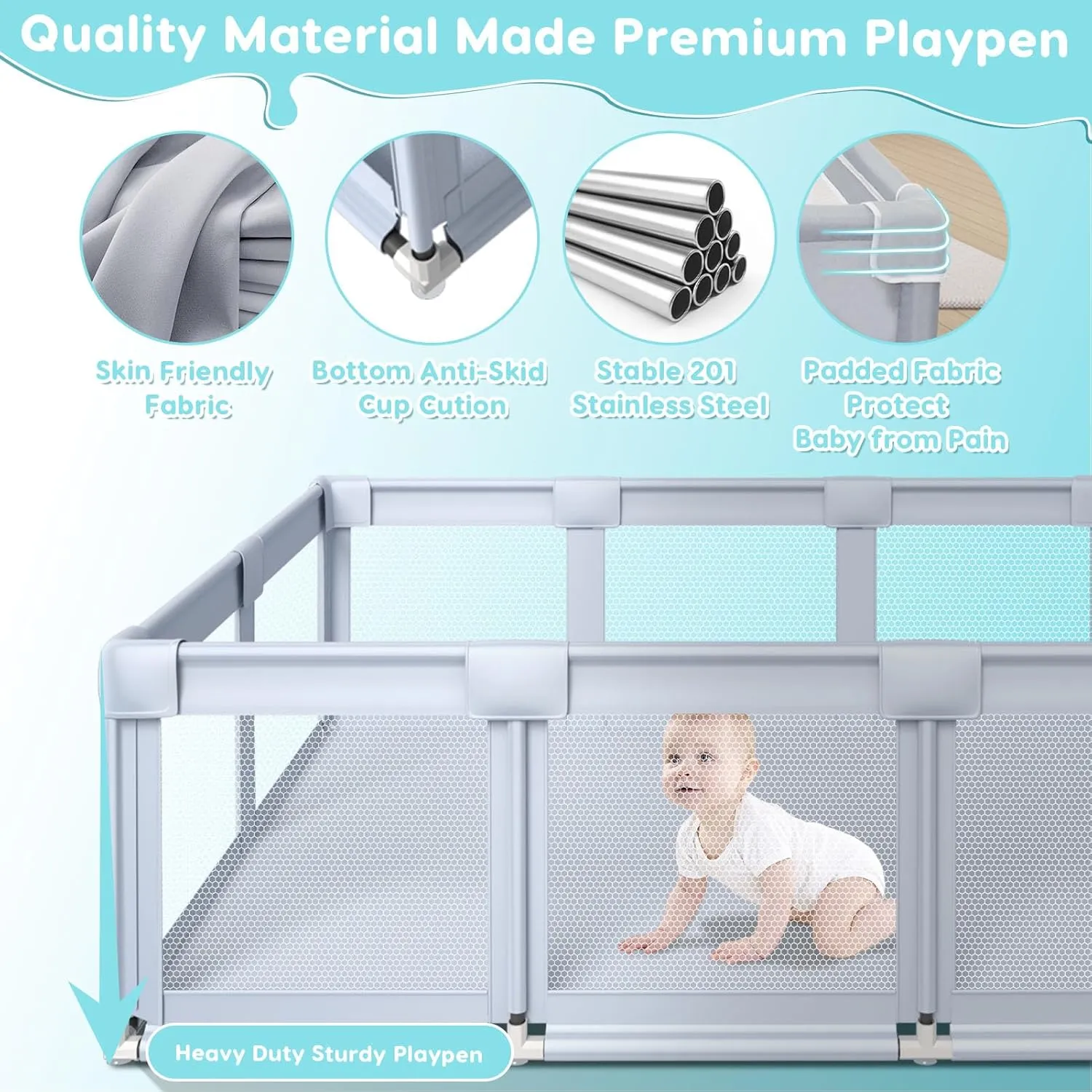 74" 50" Large Baby Playpen, Baby Playard for Babies and Toddlers, Baby Fence Play Pens for Indoor & Outdoor, Sturdy Safety Play Yard with Soft Breathable Mesh, Anti-Fall, Grey