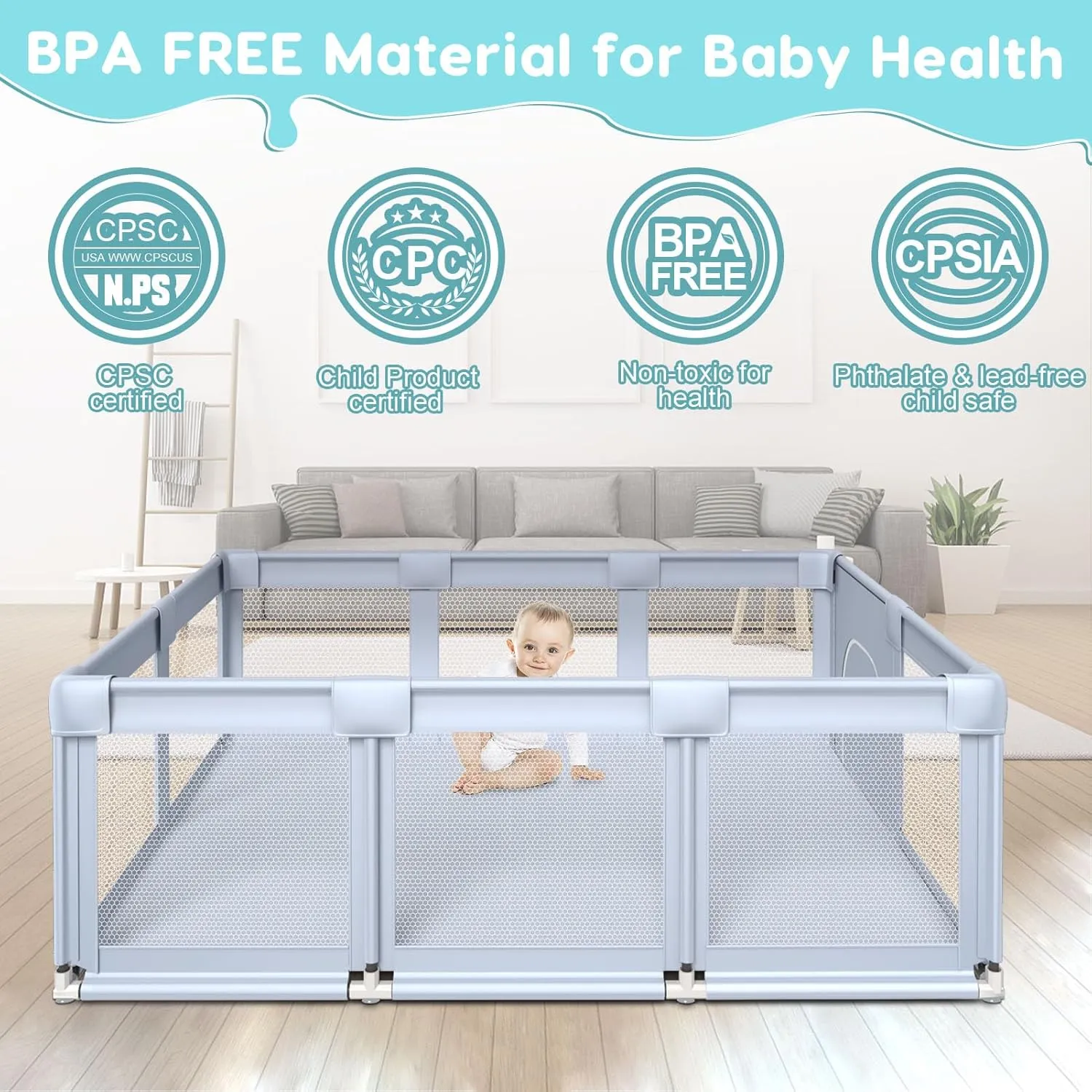 74" 50" Large Baby Playpen, Baby Playard for Babies and Toddlers, Baby Fence Play Pens for Indoor & Outdoor, Sturdy Safety Play Yard with Soft Breathable Mesh, Anti-Fall, Grey