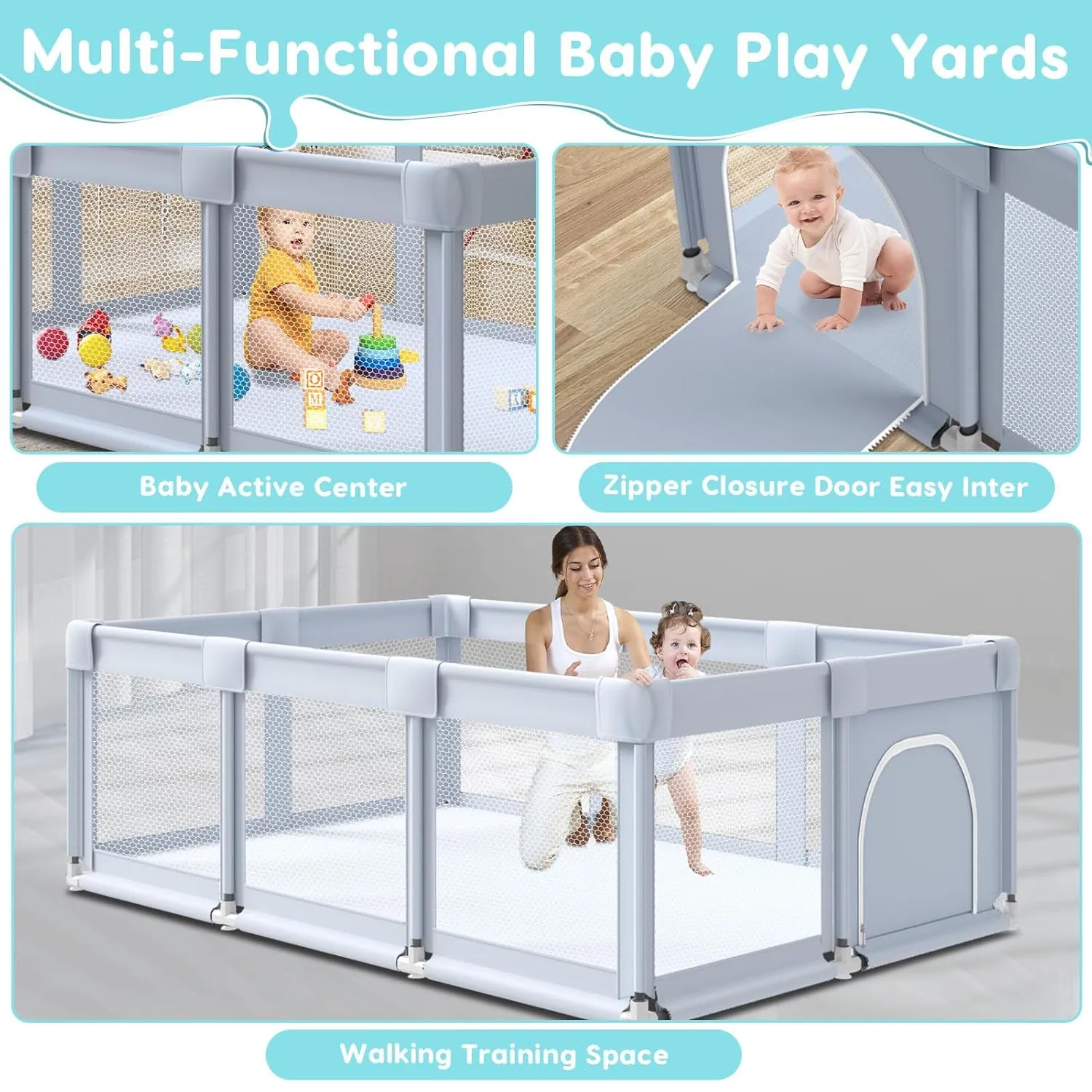 74" 50" Large Baby Playpen, Baby Playard for Babies and Toddlers, Baby Fence Play Pens for Indoor & Outdoor, Sturdy Safety Play Yard with Soft Breathable Mesh, Anti-Fall, Grey