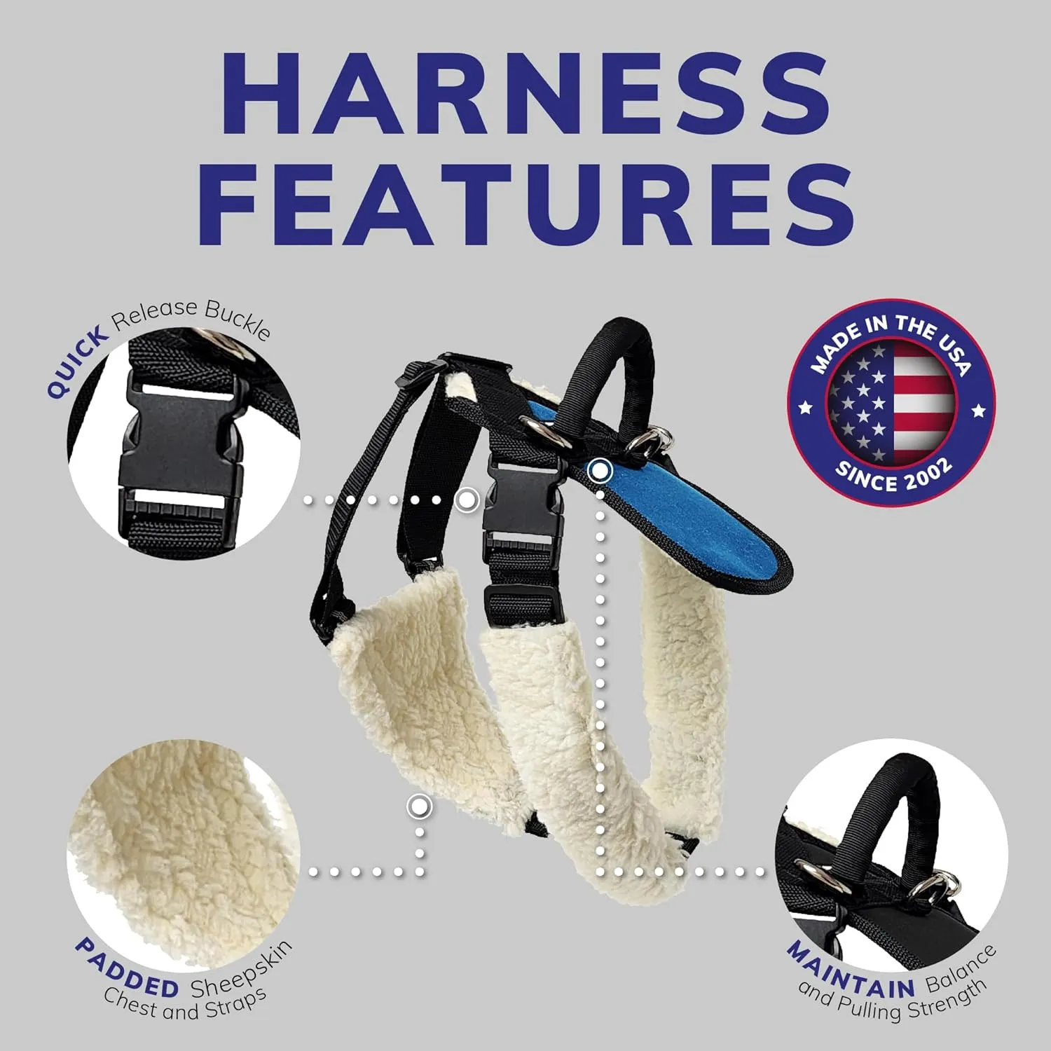 ActiveDogs Service Dog Harness - Balance & Stability Assistance w/Raised Handle-Padded Sheepskin Chest & Fully Adjustable Straps Harness - M Size, 26"-34", Royal Blue