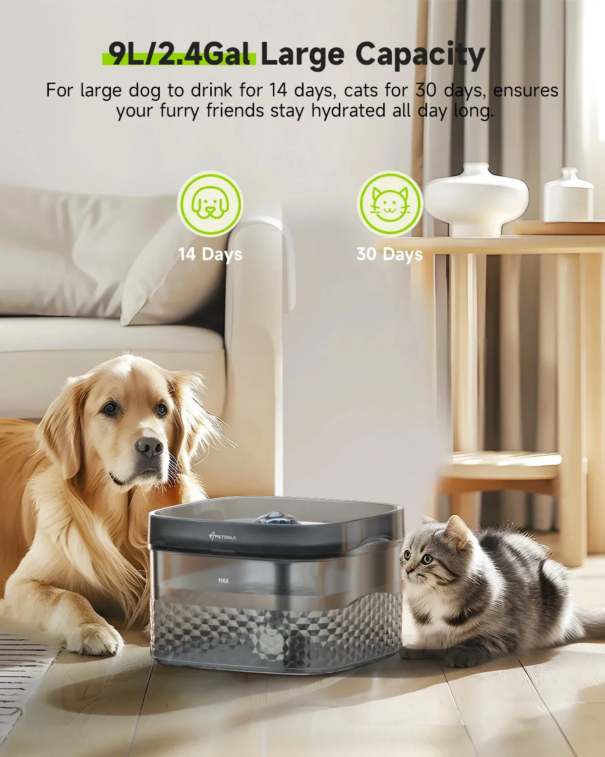 APETDOLA Large Capacity Pet Water Fountain - Ultra-Quiet Pump, Ideal for Multi-Pet Households