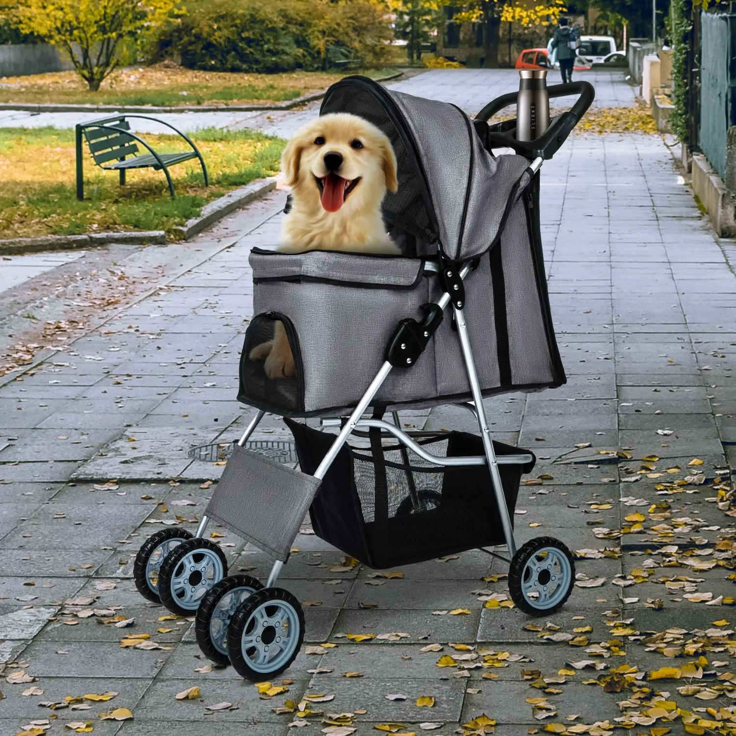 BestPet 4Wheels Pet Dog Stroller for Folding Lightweight Cat Travel Stroller with Cup Holder,Grey