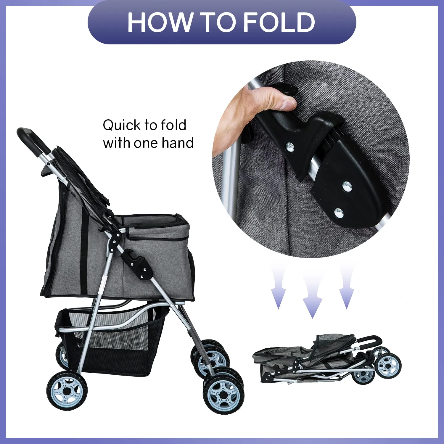 BestPet 4Wheels Pet Dog Stroller for Folding Lightweight Cat Travel Stroller with Cup Holder,Grey