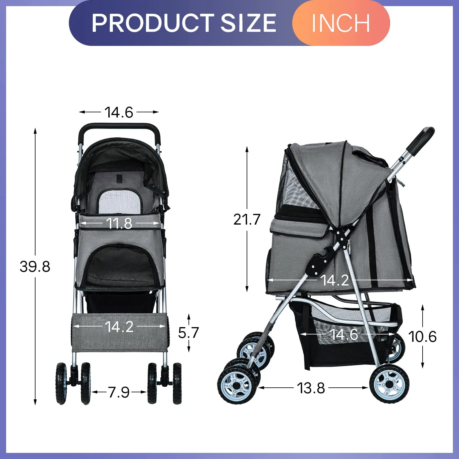 BestPet 4Wheels Pet Dog Stroller for Folding Lightweight Cat Travel Stroller with Cup Holder,Grey