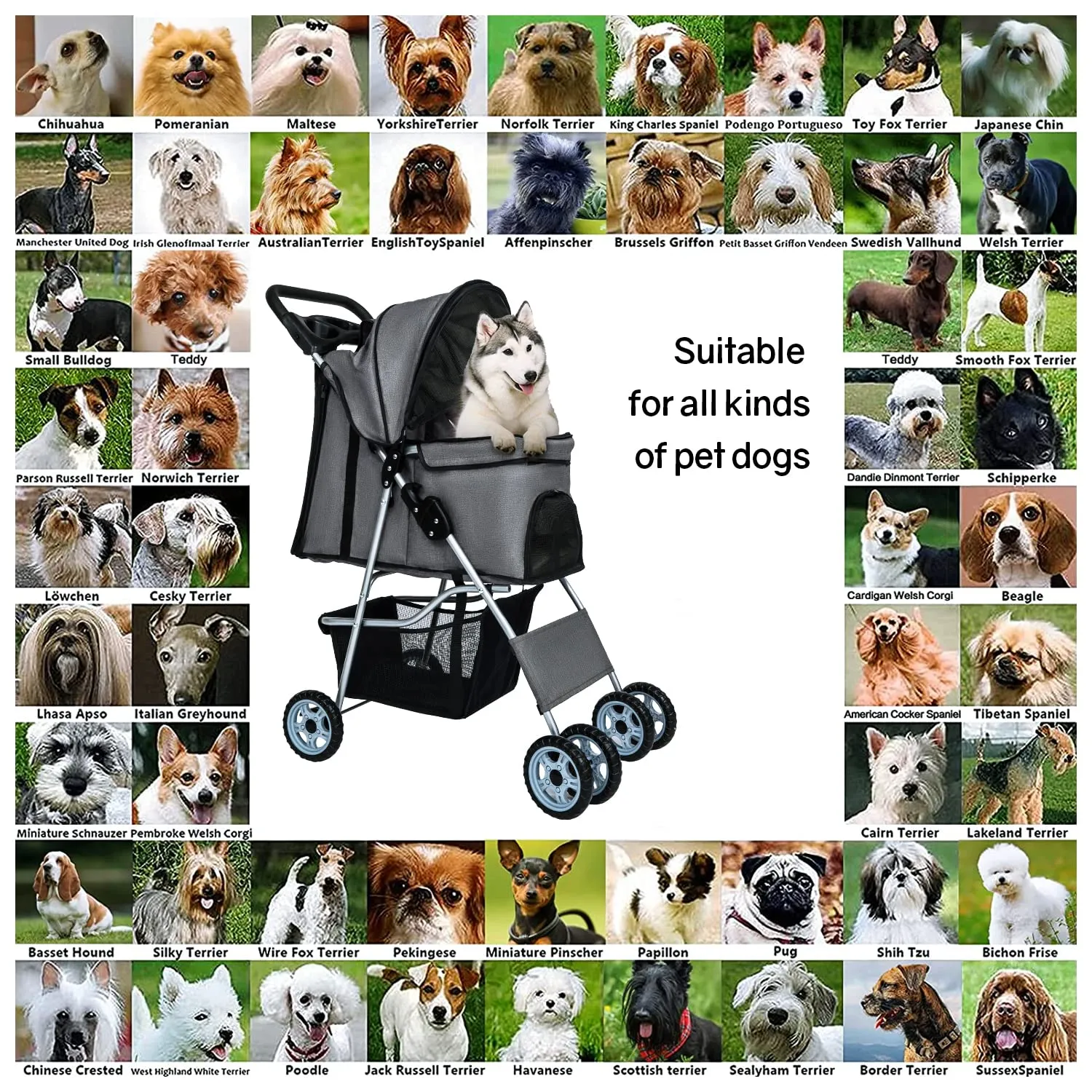 BestPet 4Wheels Pet Dog Stroller for Folding Lightweight Cat Travel Stroller with Cup Holder,Grey