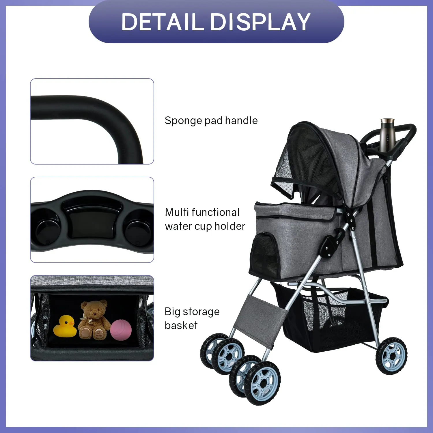 BestPet 4Wheels Pet Dog Stroller for Folding Lightweight Cat Travel Stroller with Cup Holder,Grey