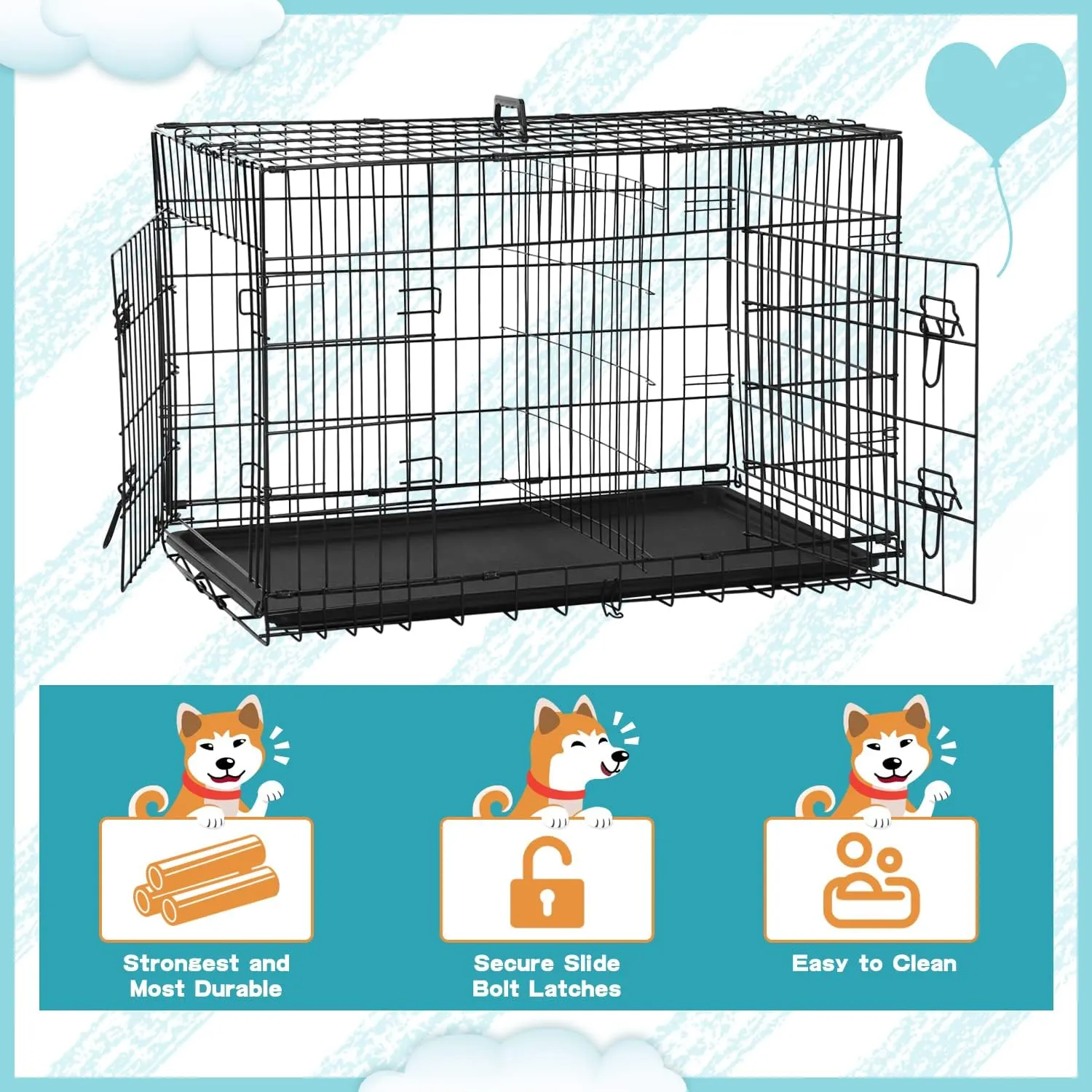 BLKMTY Foldable Dog Crate Wire Metal Dog Cage Large 30" Dog Kennel w/Divider Panel Double-Door Animal Segregation Cage Pet Crate w/Tray Dog Crates Indoor Outdoor Travel Camping Pet Playpen