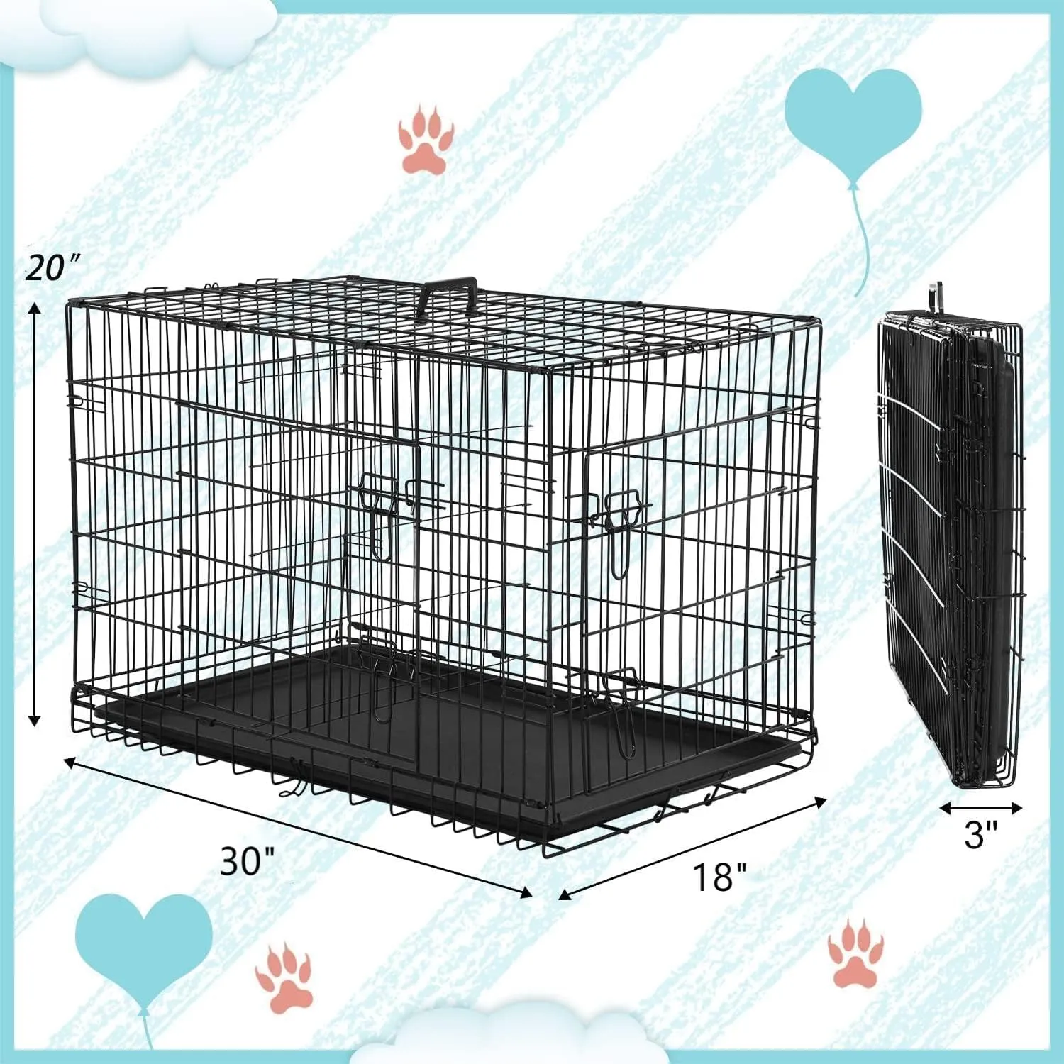 BLKMTY Foldable Dog Crate Wire Metal Dog Cage Large 30" Dog Kennel w/Divider Panel Double-Door Animal Segregation Cage Pet Crate w/Tray Dog Crates Indoor Outdoor Travel Camping Pet Playpen