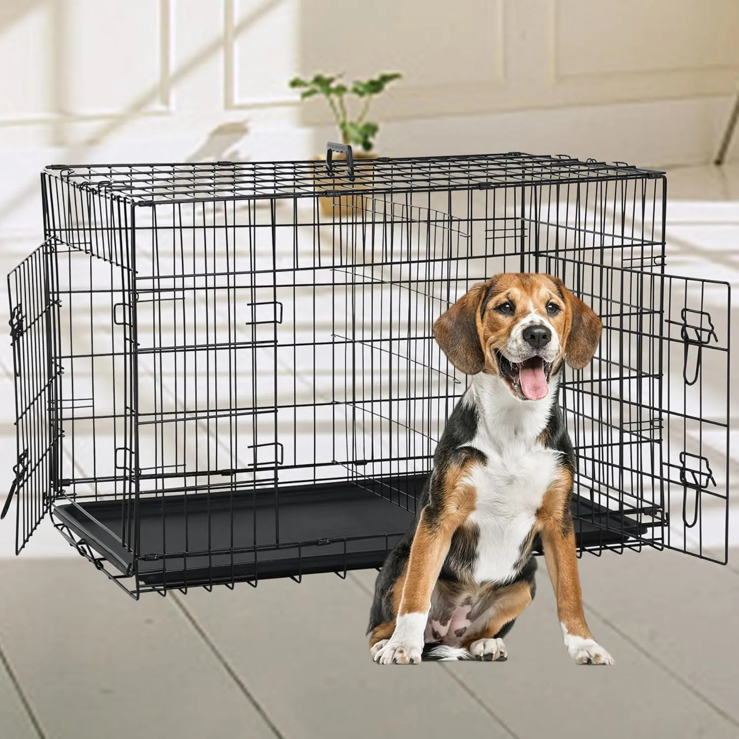 BLKMTY Foldable Dog Crate Wire Metal Dog Cage Large 30" Dog Kennel w/Divider Panel Double-Door Animal Segregation Cage Pet Crate w/Tray Dog Crates Indoor Outdoor Travel Camping Pet Playpen