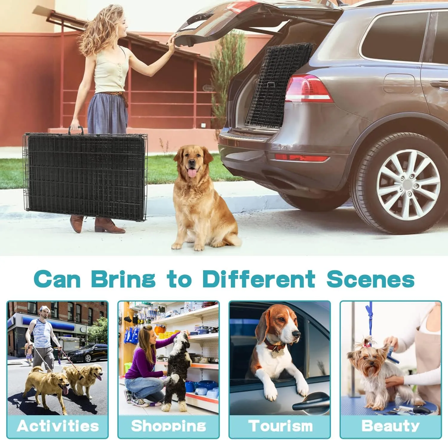 BLKMTY Foldable Dog Crate Wire Metal Dog Cage Large 30" Dog Kennel w/Divider Panel Double-Door Animal Segregation Cage Pet Crate w/Tray Dog Crates Indoor Outdoor Travel Camping Pet Playpen