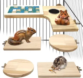 BNOSDM Wooden Hamster Cage Platform Set Wood Chinchilla Ledges and Platforms Rectangle L-Shaped Round Cage Accessories with Cooling Standing Board&Food Cup for Mouse Squirrel Gerbil Guinea Pig