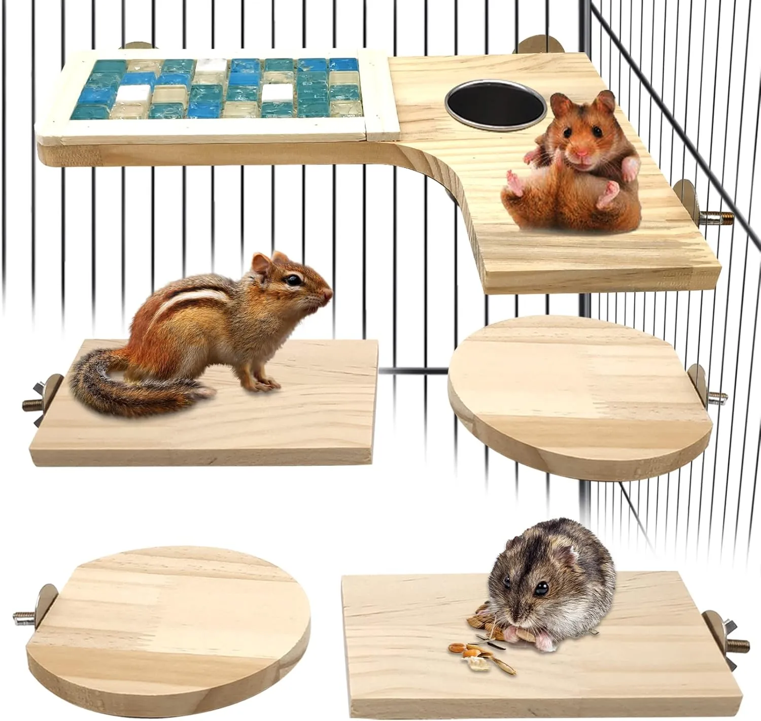 BNOSDM Wooden Hamster Cage Platform Set Wood Chinchilla Ledges and Platforms Rectangle L-Shaped Round Cage Accessories with Cooling Standing Board&Food Cup for Mouse Squirrel Gerbil Guinea Pig
