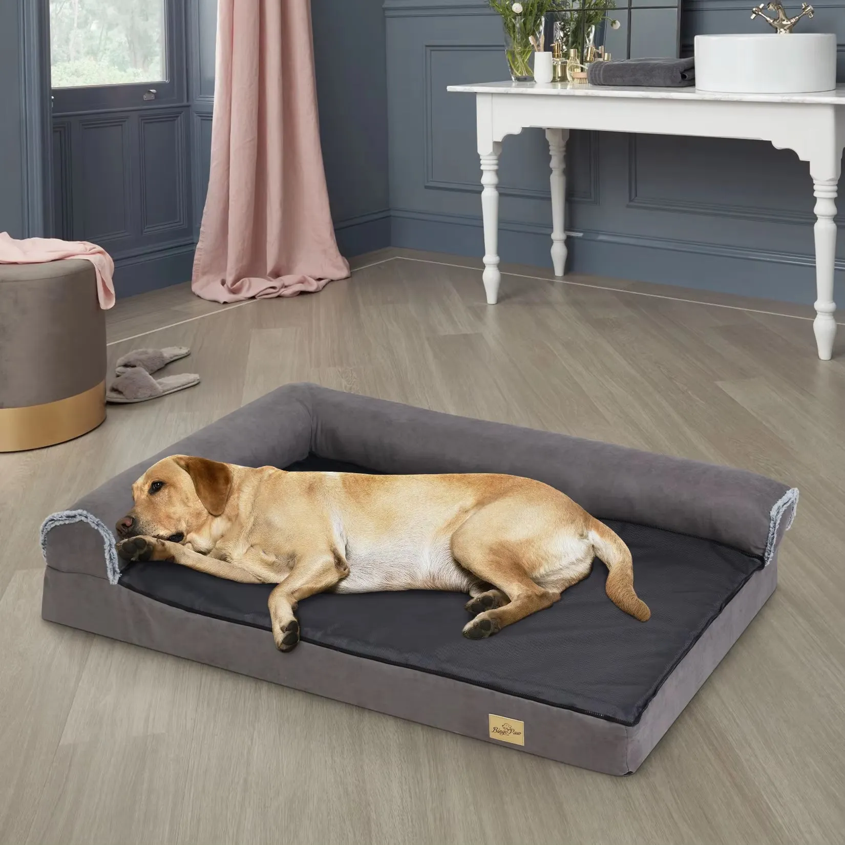Bolster Dog Bed for Extra Large Dogs, Memory Foam Orthopedic L-Shape Dog Beds with Removable Washable Cover Cozy Plush Dog Sofa