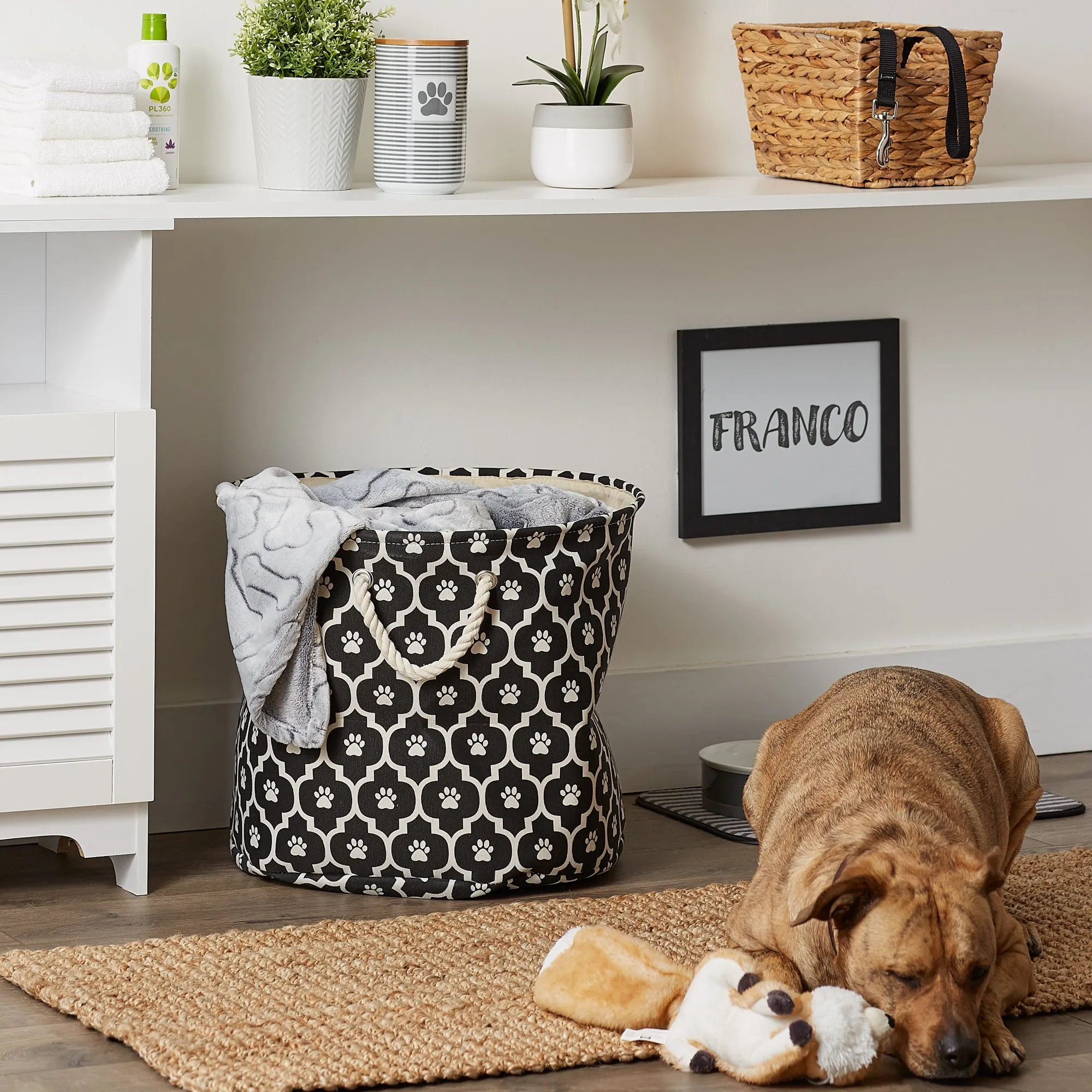 Bone Dry Pet Storage Bin, Lattice Paw Print, Black, Large Round - 18x15"