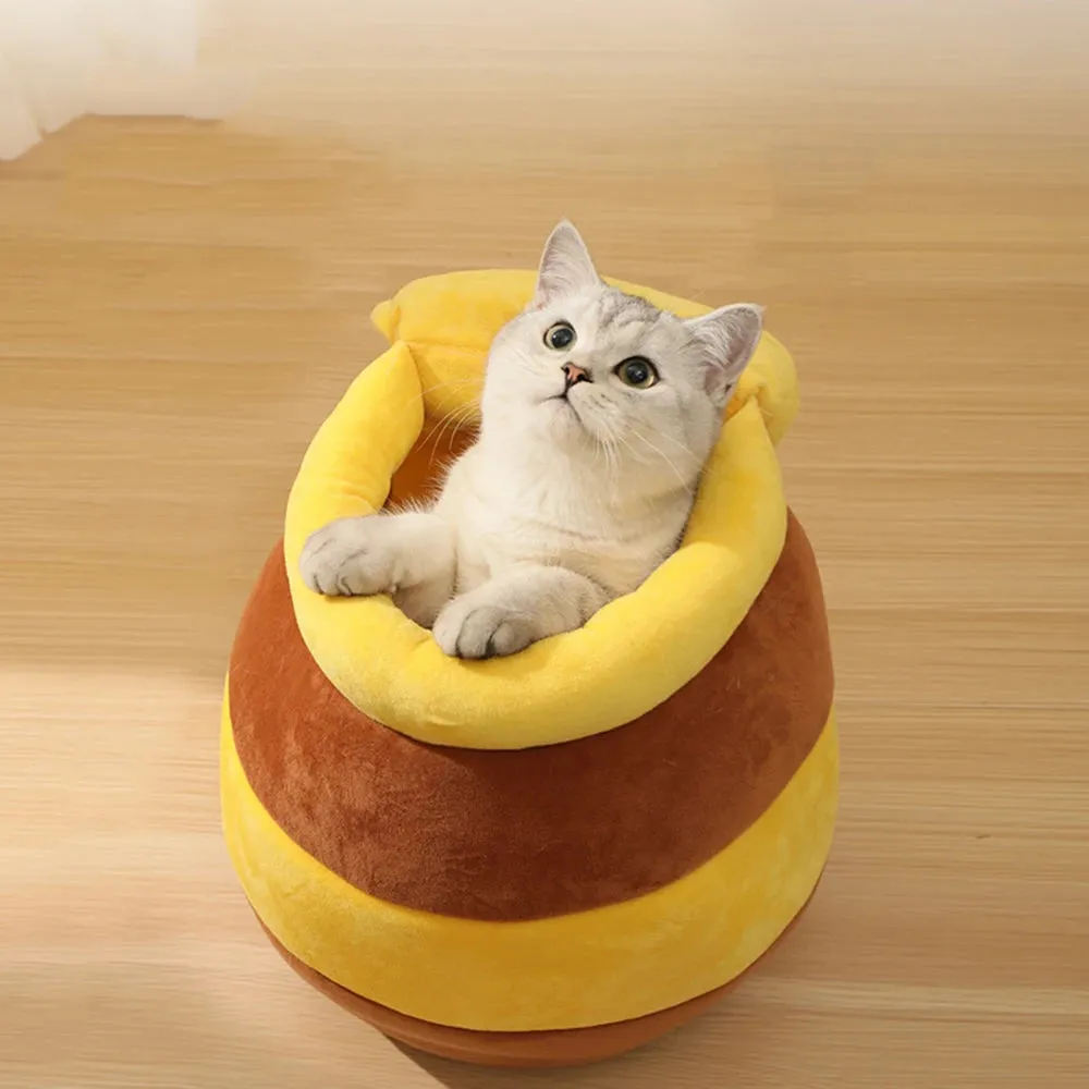 Cat Bed House | Removable Plush Mat & Four Seasons Cushion Basket | Honey Jar Shape | Machine Washable Pet Accessories
