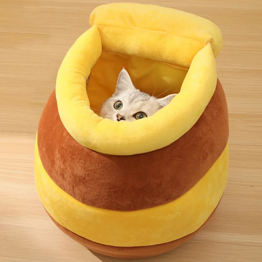 Cat Bed House | Removable Plush Mat & Four Seasons Cushion Basket | Honey Jar Shape | Machine Washable Pet Accessories