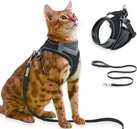 Cat Harness and Leash Set for Comfortable Outdoor Walking, Escape Proof, Adjustable Soft Kitten Vest Harness with Reflective Strip for Cats, Small Dogs (Black, S)