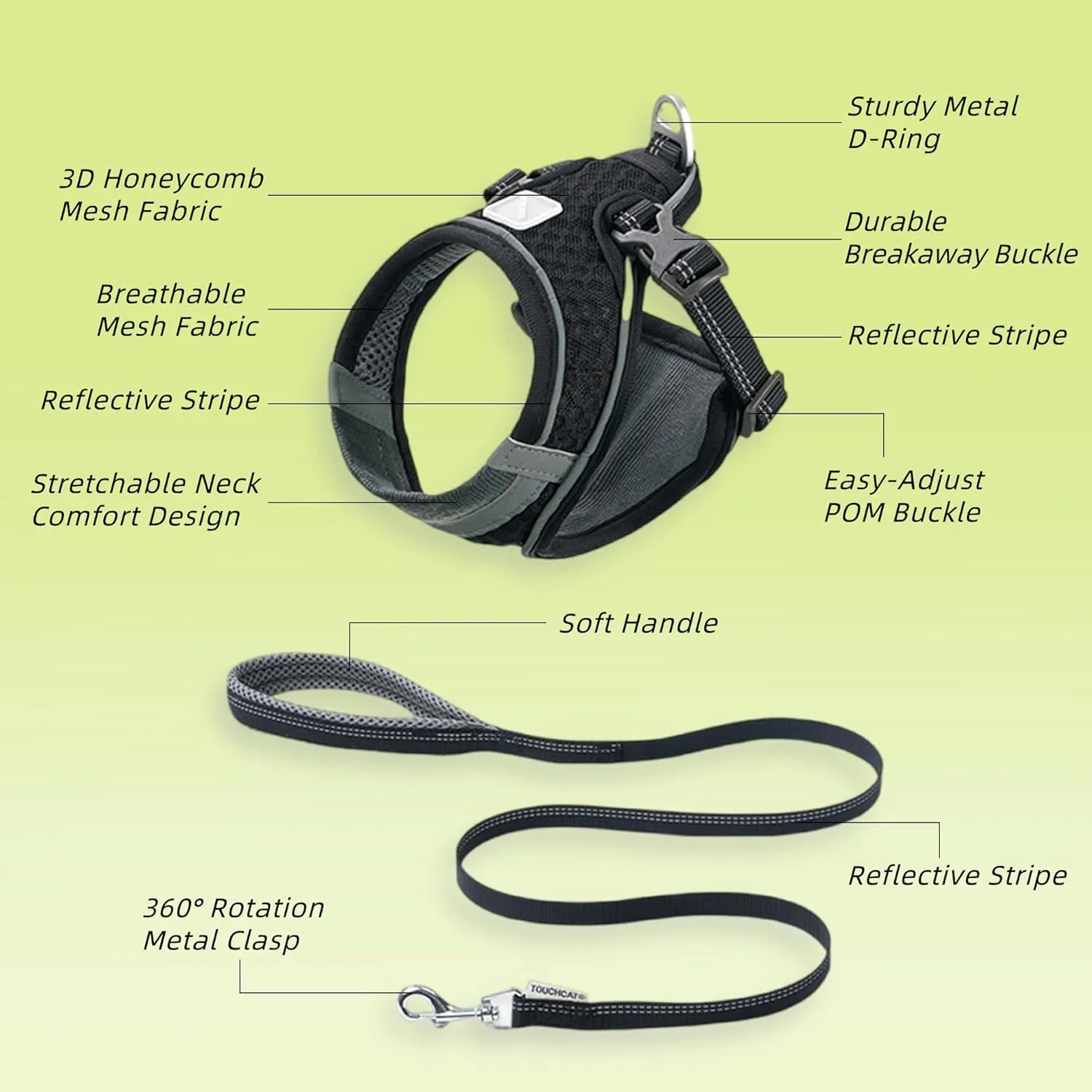 Cat Harness and Leash Set for Comfortable Outdoor Walking, Escape Proof, Adjustable Soft Kitten Vest Harness with Reflective Strip for Cats, Small Dogs (Black, S)