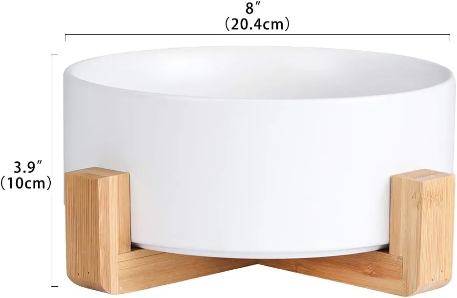 Ceramic Dog Bowl - Cat Dog Bowls with Non Slip Wood Stand - No Spill Pet Dish for Food Water Feeding Extra High Capacity (8 Cup-Suitable for Large Sized Dog)