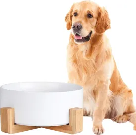 Ceramic Dog Bowl - Cat Dog Bowls with Non Slip Wood Stand - No Spill Pet Dish for Food Water Feeding Extra High Capacity (8 Cup-Suitable for Large Sized Dog)
