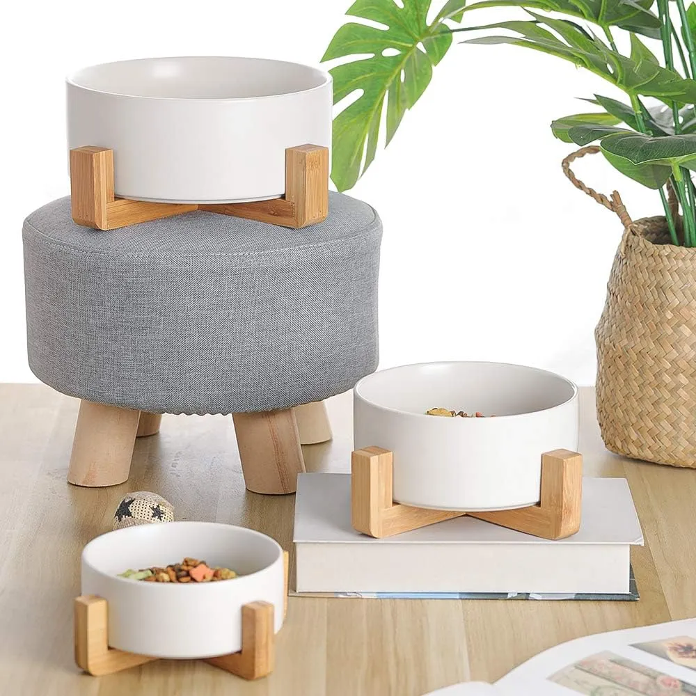 Ceramic Dog Bowl - Cat Dog Bowls with Non Slip Wood Stand - No Spill Pet Dish for Food Water Feeding Extra High Capacity (8 Cup-Suitable for Large Sized Dog)