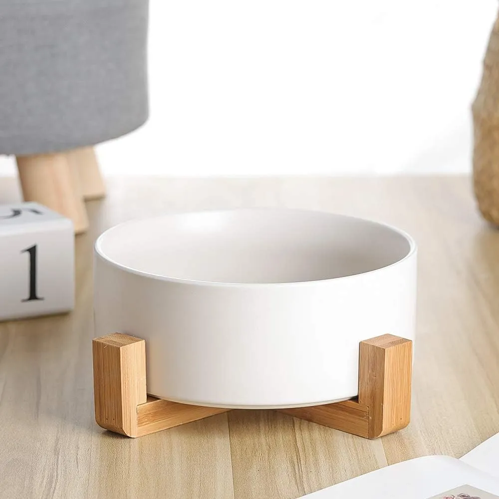Ceramic Dog Bowl - Cat Dog Bowls with Non Slip Wood Stand - No Spill Pet Dish for Food Water Feeding Extra High Capacity (8 Cup-Suitable for Large Sized Dog)