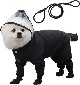 Dog Raincoat with Hood, Waterproof Full-Coverage Reflective Rain Jacket with Leash Quick-Drying Rain Poncho and Shoes for Small Medium Large Dogs,Black,S