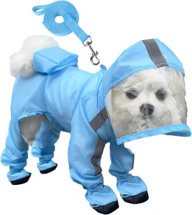 Dog Raincoat with Hood, Waterproof Full-Coverage Reflective Rain Jacket with Leash Quick-Drying Rain Poncho and Shoes for Small Medium Large Dogs,Blue,S