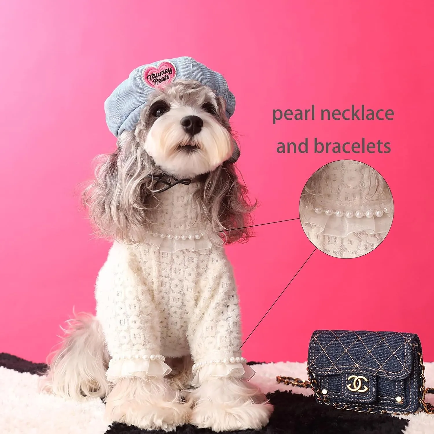 Dog Sweater for Medium to Large Dogs, Girl Soft Winter Knit Pet Clothes with Faux Pearl and Lace Pullover Warm Dog Outfit for Poodle, Elegant Apparel for Cold Weather XL