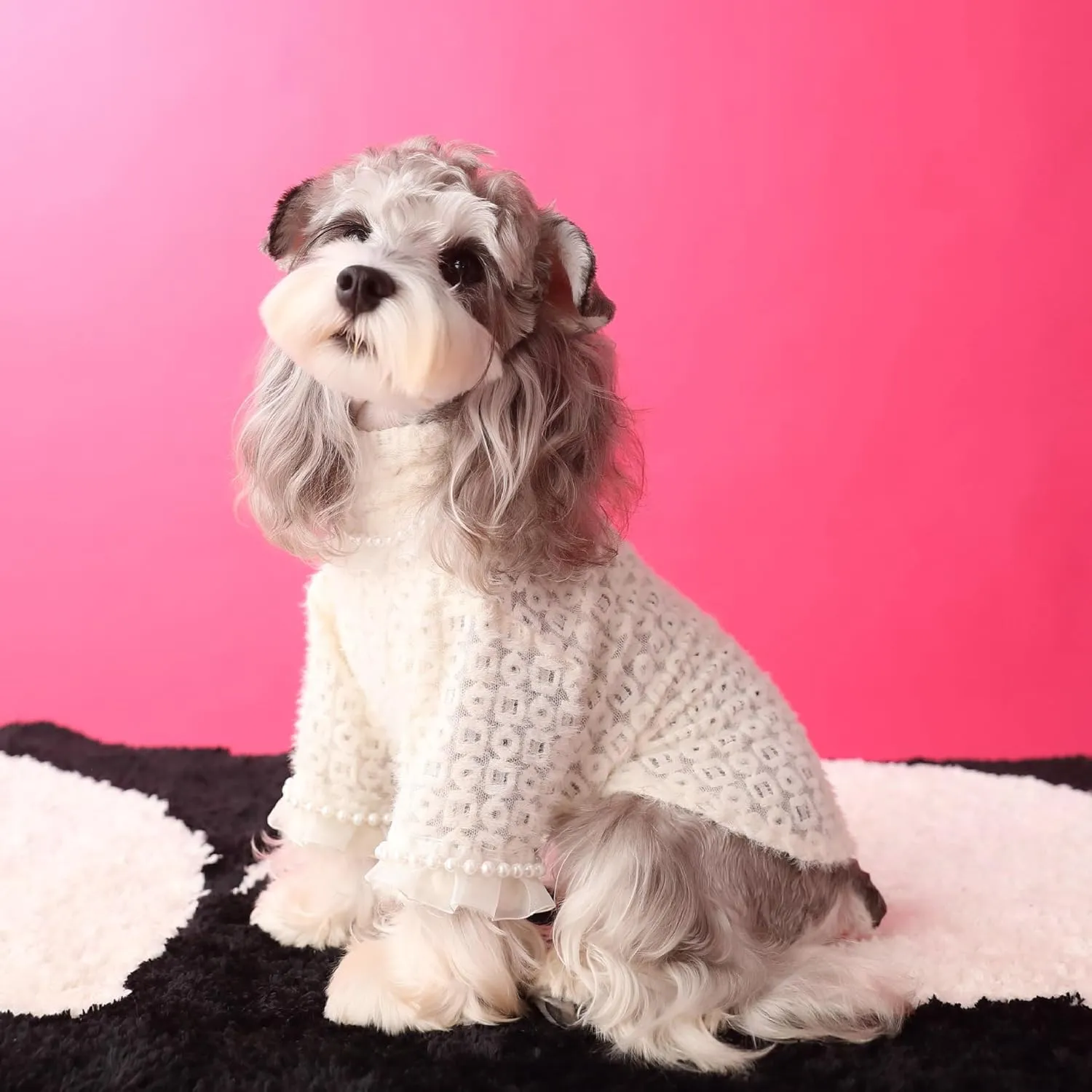 Dog Sweater for Medium to Large Dogs, Girl Soft Winter Knit Pet Clothes with Faux Pearl and Lace Pullover Warm Dog Outfit for Poodle, Elegant Apparel for Cold Weather XL