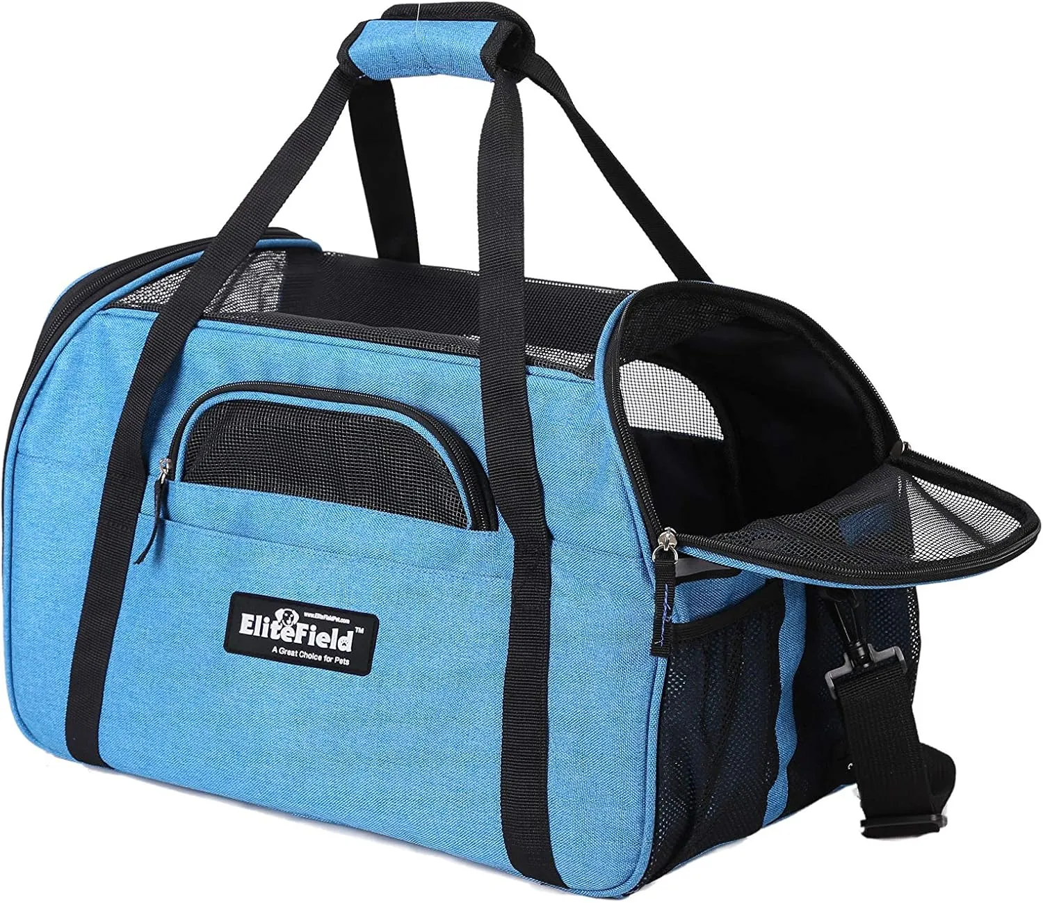 EliteField Soft Sided Pet Carrier (3 Year Warranty, Airline Approved), Multiple Sizes and Colors Available (17" L x 9" W x 12" H, Sapphire Blue)