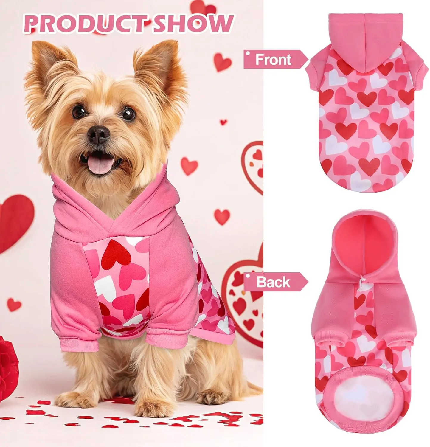 EXPAWLORER Dog Hoodie,Soft Valentine Day Dog Sweater,Winter Autumn Fleece Sweatshirt with Cute Heart Pattern,Pet Clothes Outfits for Puppy,Cat, Small Medium Large Dogs