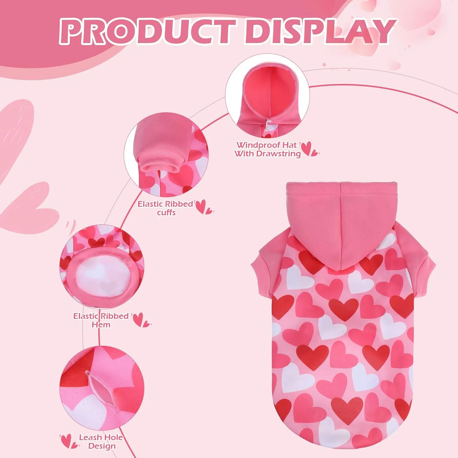 EXPAWLORER Dog Hoodie,Soft Valentine Day Dog Sweater,Winter Autumn Fleece Sweatshirt with Cute Heart Pattern,Pet Clothes Outfits for Puppy,Cat, Small Medium Large Dogs