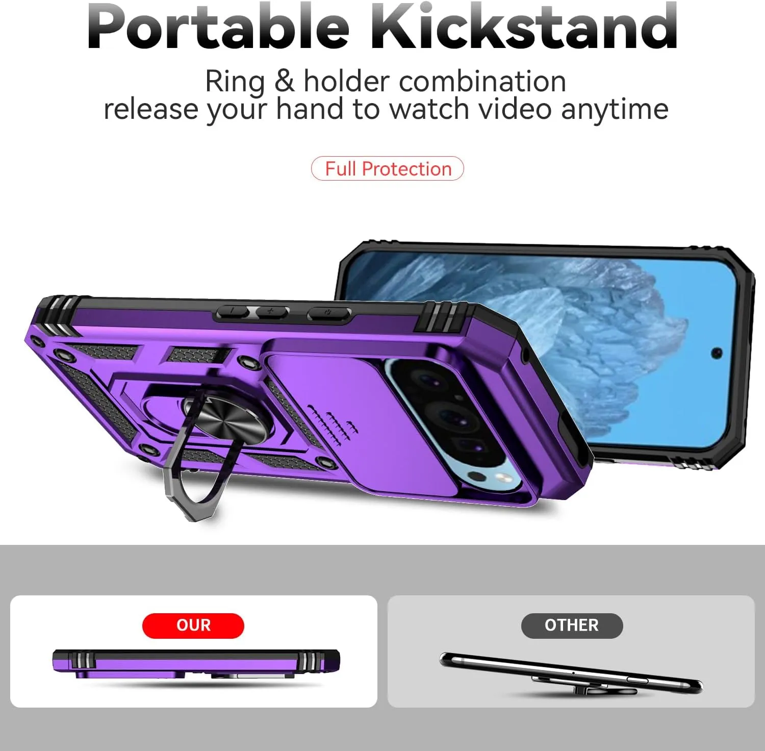 for Google Pixel 9 / Pixel 9 Pro Case with Camera Lens Cover Screen Protector, Dual Layer Military-Grade Drop Tested Magnetic Ring Holder Kickstand Protective Phone Case for Pixel 9/9 Pro (Purple)